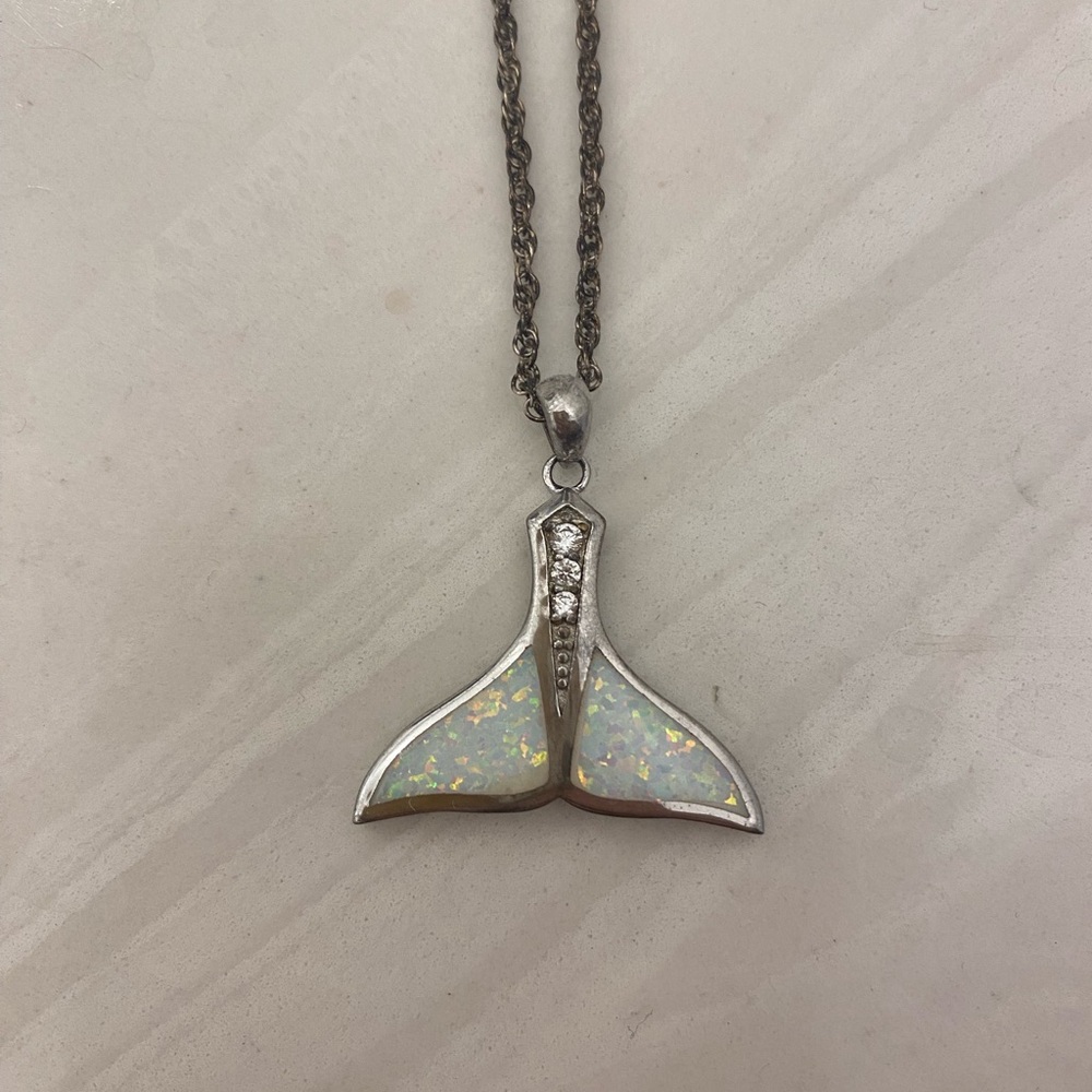 Sterling Silver Whale Tail Opal Pendant Necklace